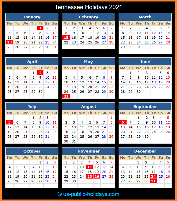 Tennessee Holiday Calendar 2021